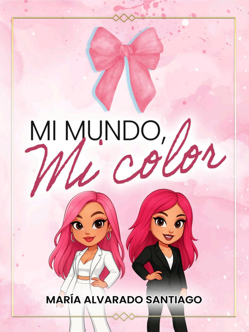 Book cover of 'Mi Mundo, Mi Color' with two characters and a pink bow on a pink background